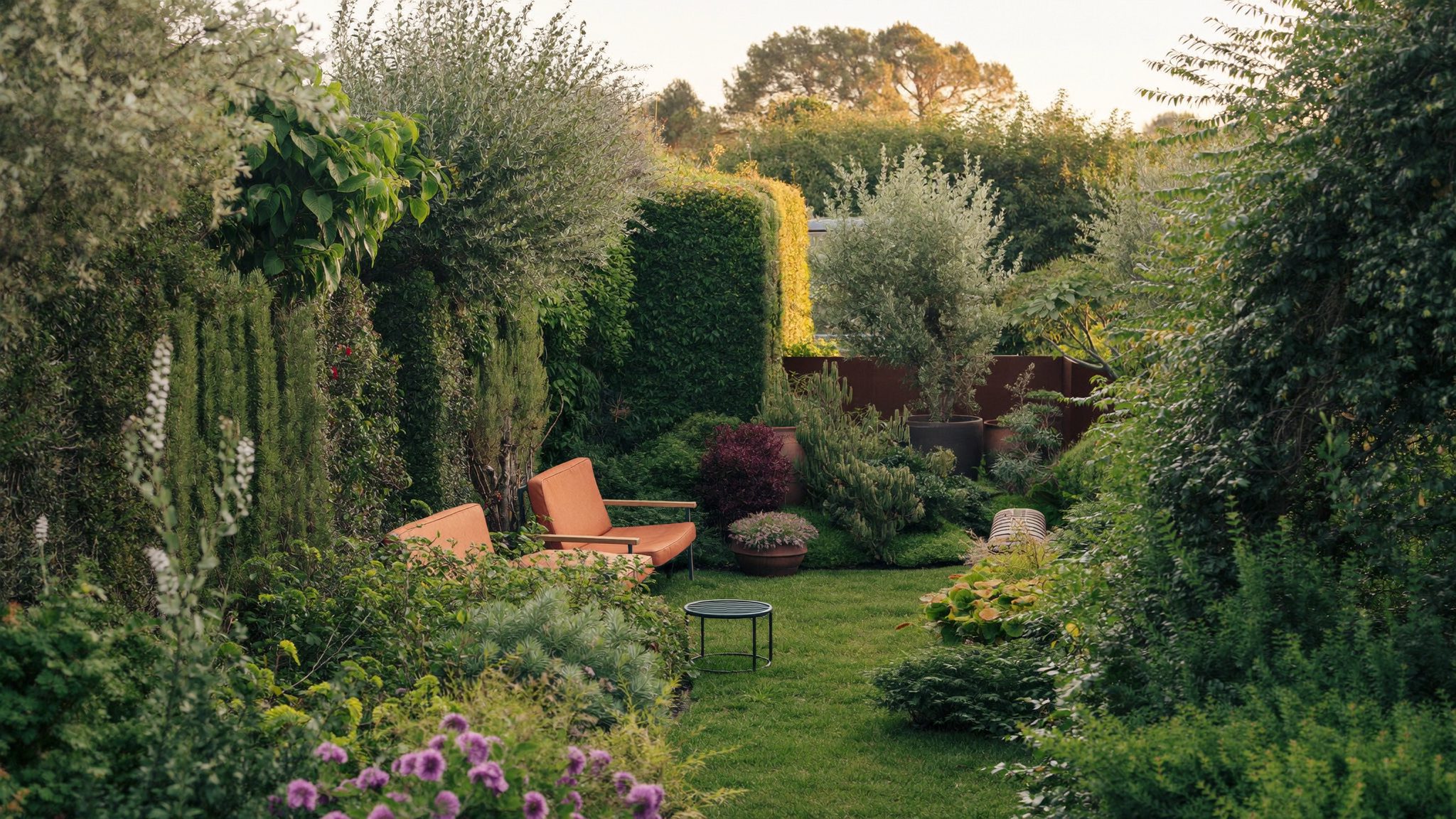 A quiet coastal garden moment in the late afternoon