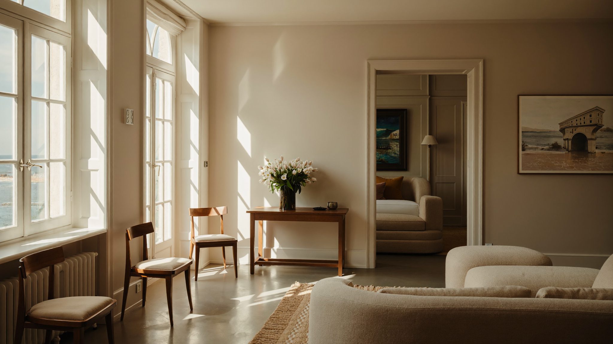 Warm, softly lit lobby at Lumavery boutique hotel